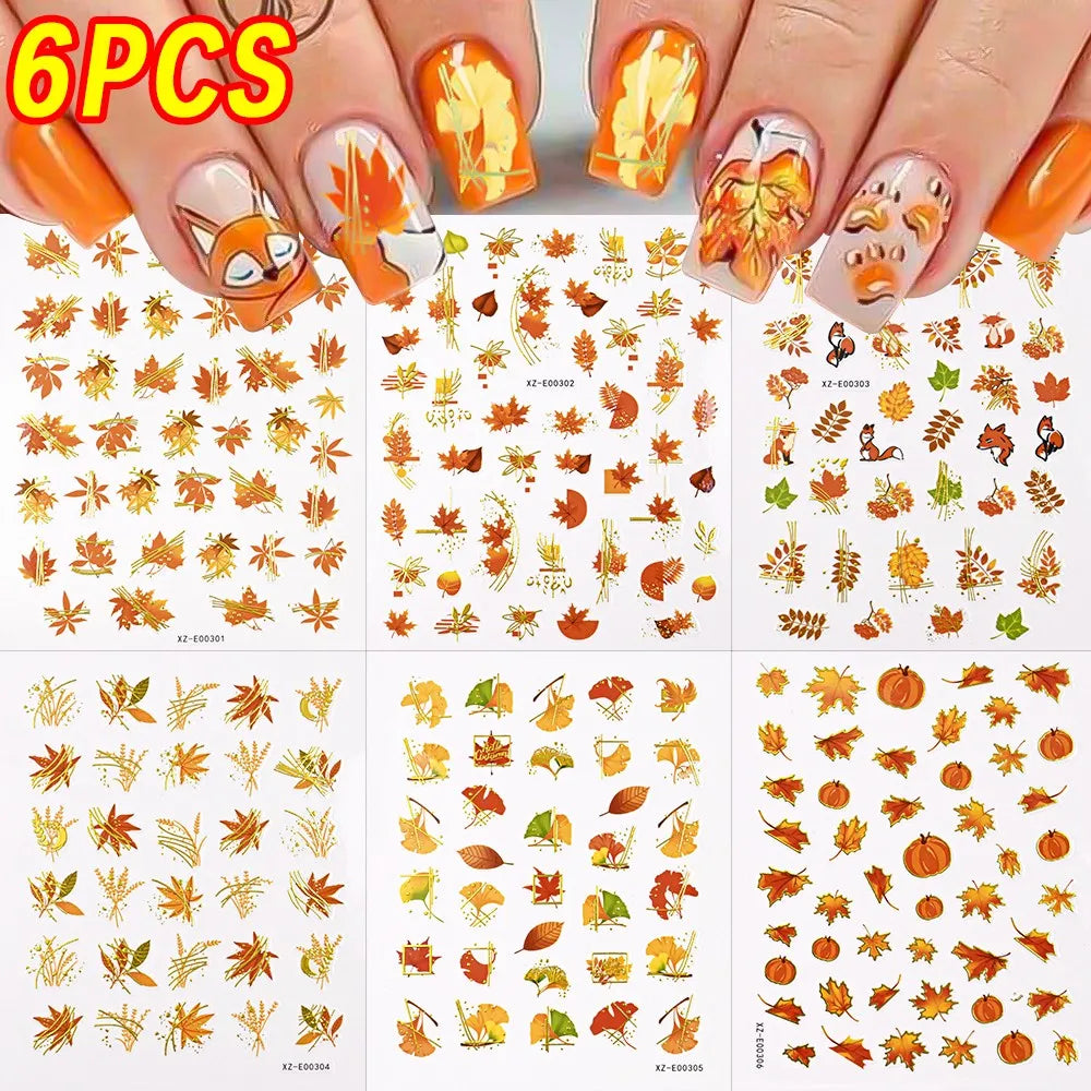 12Pcs Autumn Maple Leaves Animal Nail Stickers Mixed Cartoon Fox Deer Squirrel Adhesive Nail Decals DIY Fall Manicure Decoration