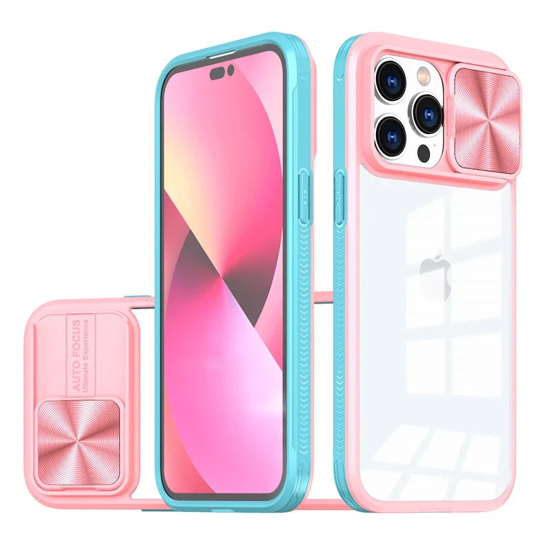 Slide Camera Lens Protection Case For iPhone 15 14 11 12 13 Pro XS Max XR 7 8 Plus SE Soft Bumper Shockproof Clear Hard PC Cover
