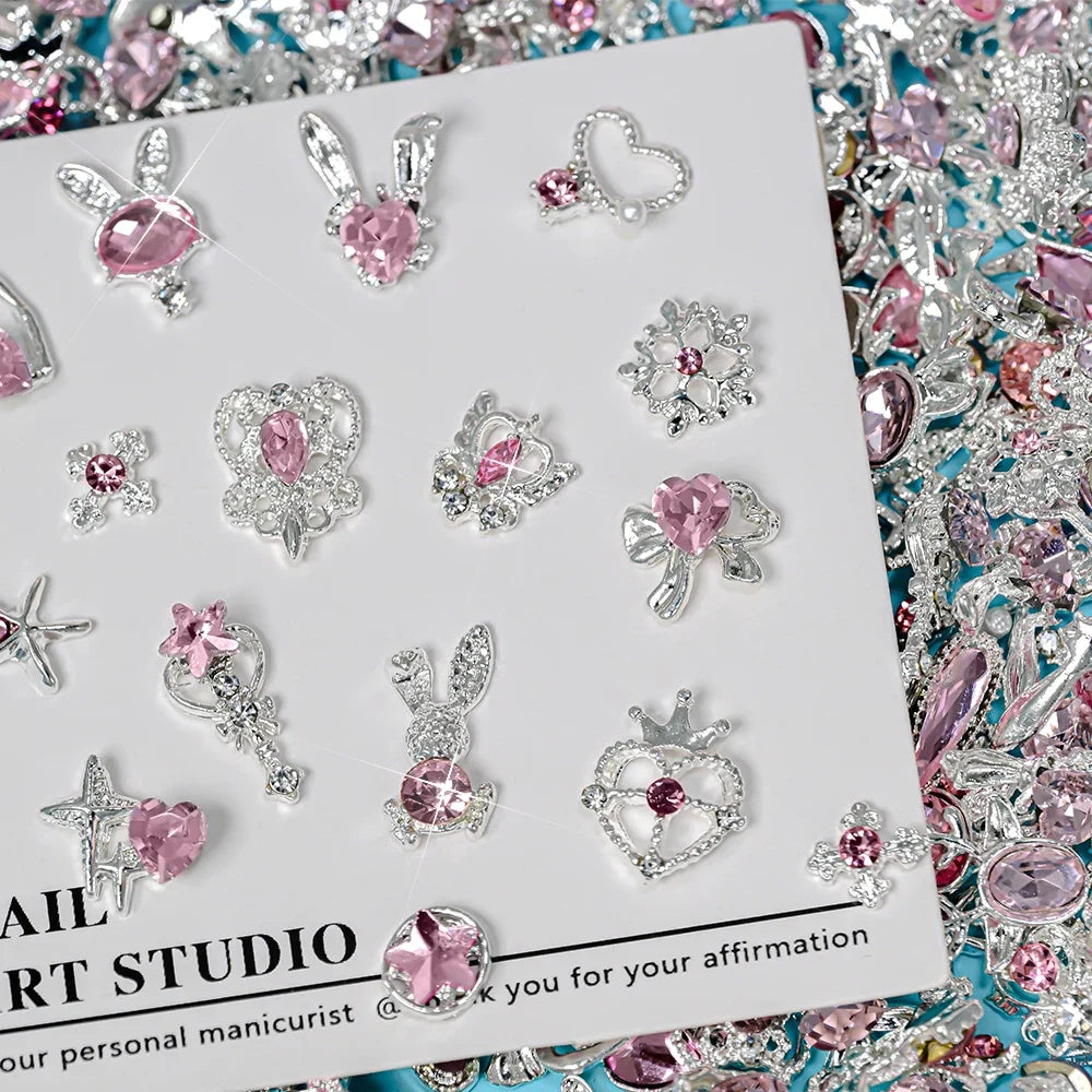 30pcs Mixed Set Golden Alloy Rabbit Nail Decoration Five-Pointed Star Heart Pink Diamond Nail Charms Metal Bow Nail Rhinestones