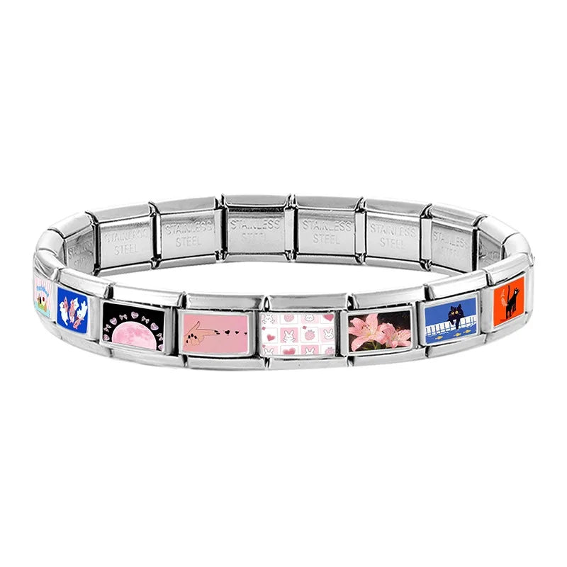Y2K Beautiful Pink Lily Flowers Moon Cats Italian Charms Fit 9mm Stainless Steel Women Men Bracelet DIY Making Jewelry Wholesale