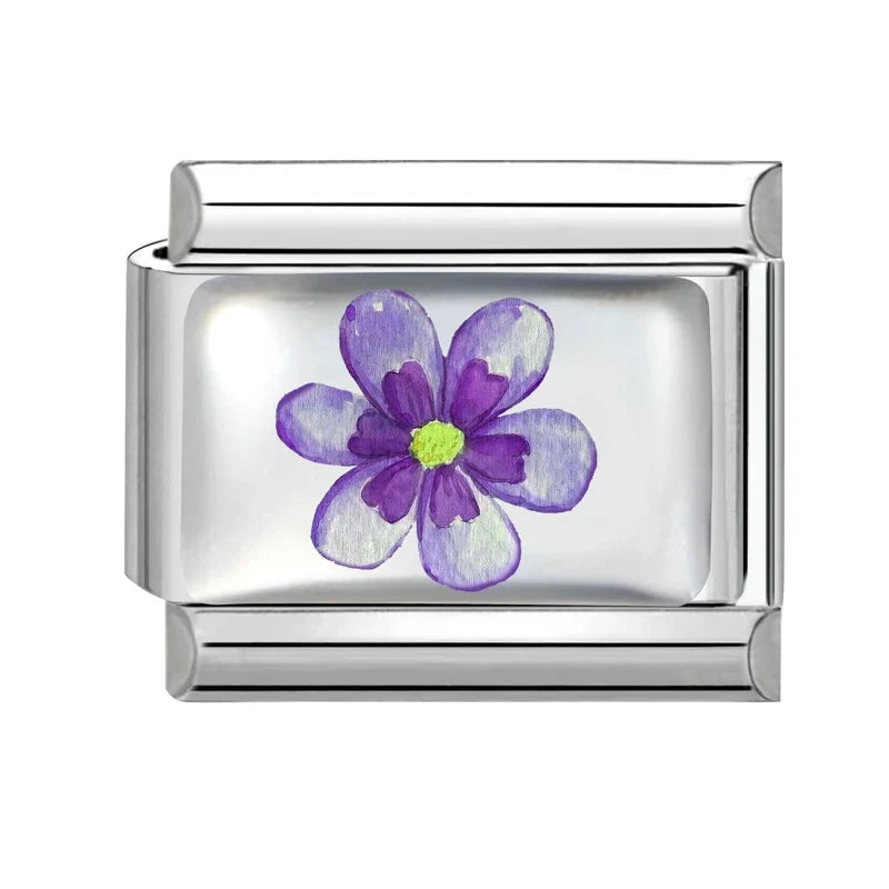 2026 Women's UV Style Purple 3D Flowers Books Candle Italian Charm Link Fit 9mm Stainless Steel Module Bracelet Making Jewelrys
