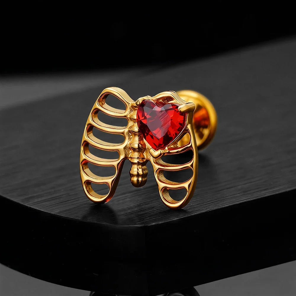 Right Grand ASTM F136 Titanium Heart CZ Rib Cage Cartilage Earring 16G Gothic Skeleton Helix Labret Stud Nose Piercing Jewelry