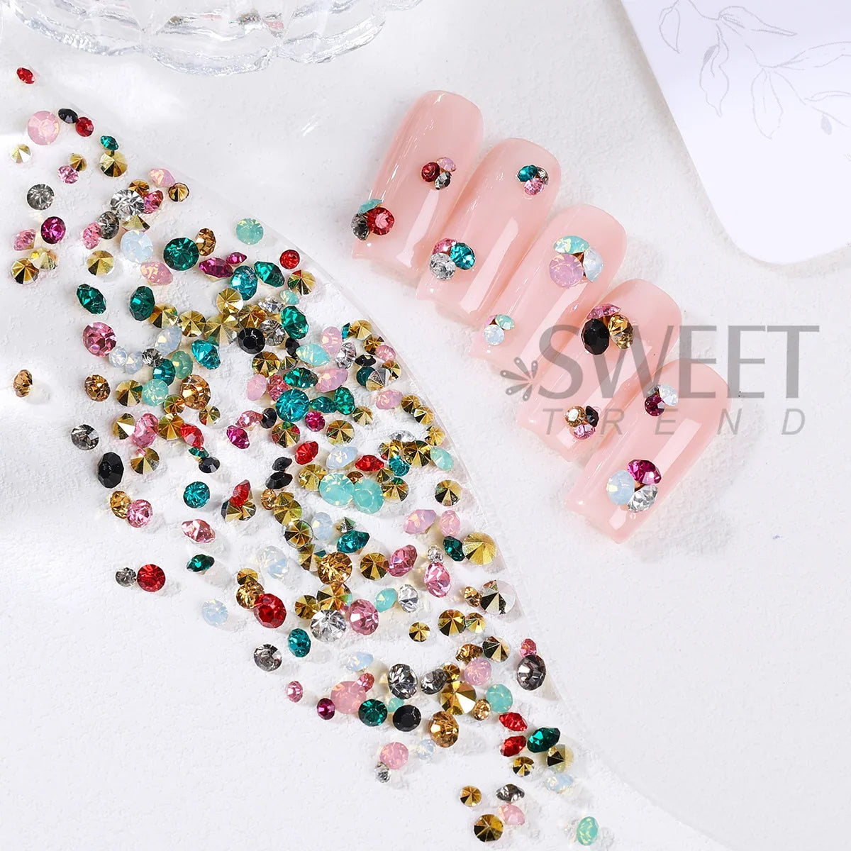 2pcs Colorful Pointed Bottom Nail Art Rhinestone Pink Green Yellow Spring Color Diamond Jewelry Fresh Valentine's Manicure Decor