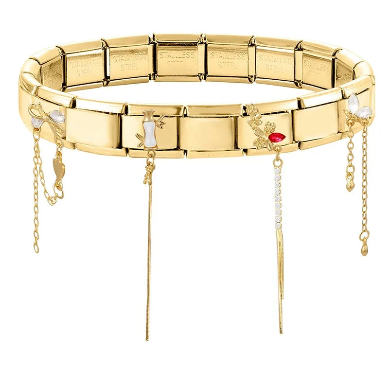 Fashion Dreamy Luxury Gold Color Series Red Heart Bows Zircon  Italian Charms Fit 9mm Stainless Steel Women Bracelet DIY Jewelry