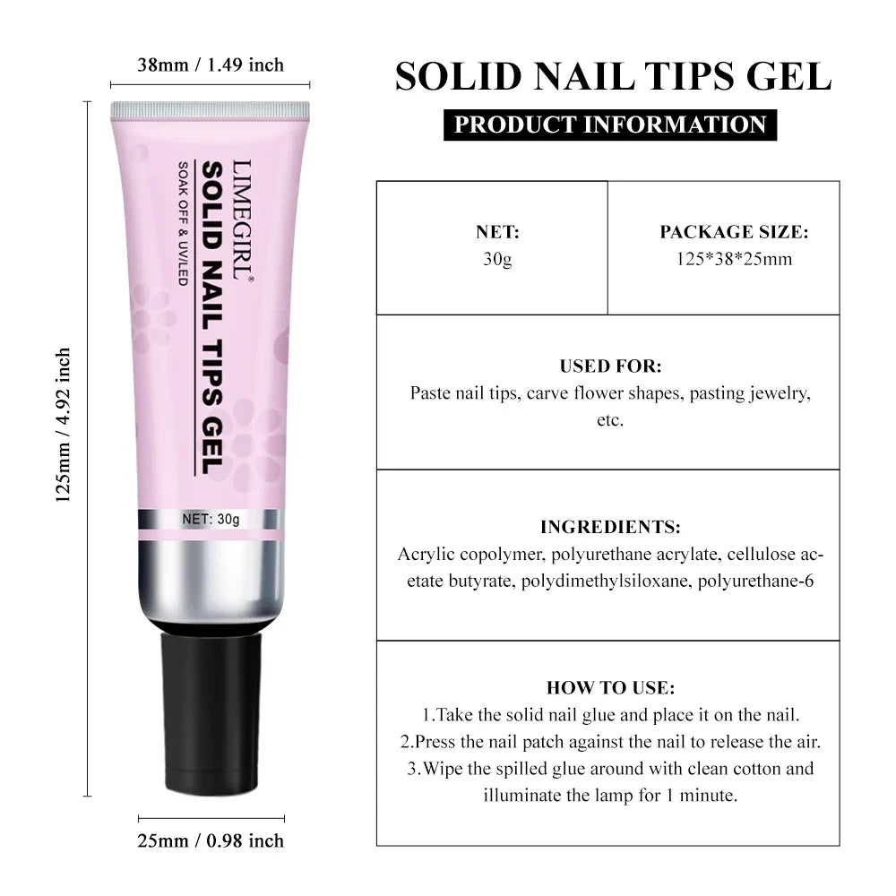 LIMEGIRL 30g Solid Nail Tips Gel UV LED Strong Gel Nail Glue Nail DIY Rhinestone Gem Decoration Sticky Nail Fake Glue