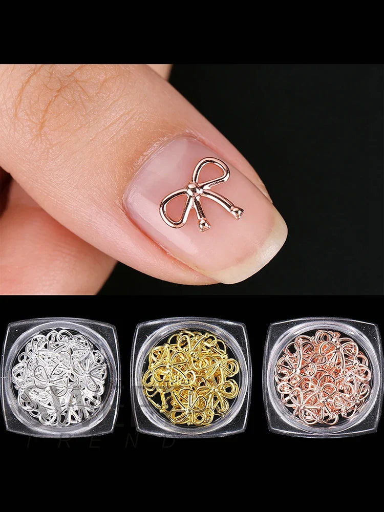 3 Bottle Boxed Nail Accessories Gold Silver Rose Gold Hollow Metal Bow Classic Bow Decoration Girls Square Bottle Metal Bow 2026
