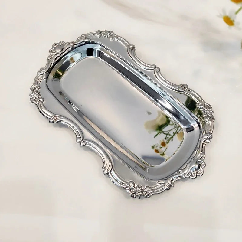 Retro Luxury Silver Trays Plates Cake Dessert Tray High Tea Snack Fruit Dish Jewelry Storage Tabletop Decor Home Hotel Supplies