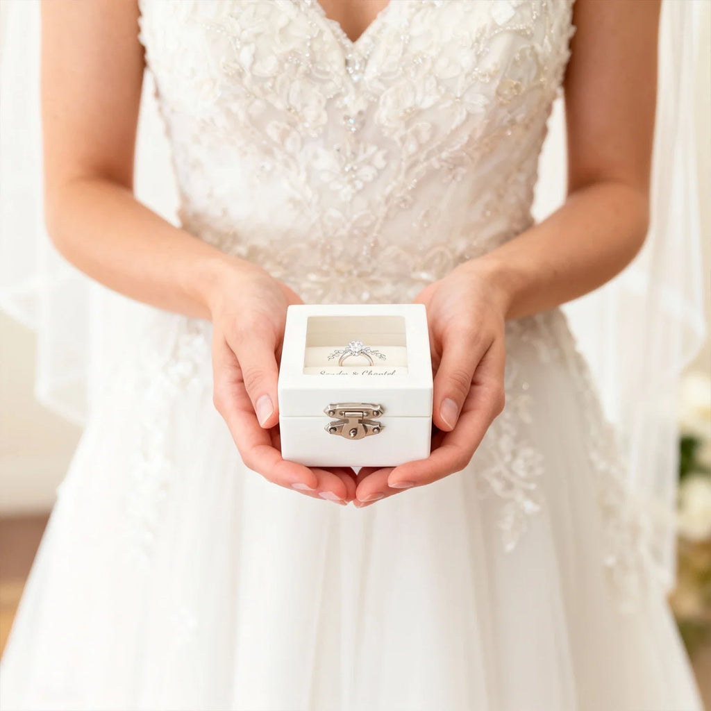 Wedding Ring Box Personalized White Customized Wedding Ring Holder Ceremony Ring Box Custom Name Ring Box