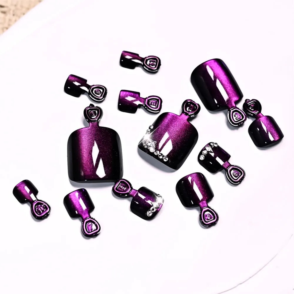 24pcs Glossy Purple Cat Eye Short Square Press On Toenails Shiny Diamond French False Toe Nails Full Cover Acrylic Toenails DR4@