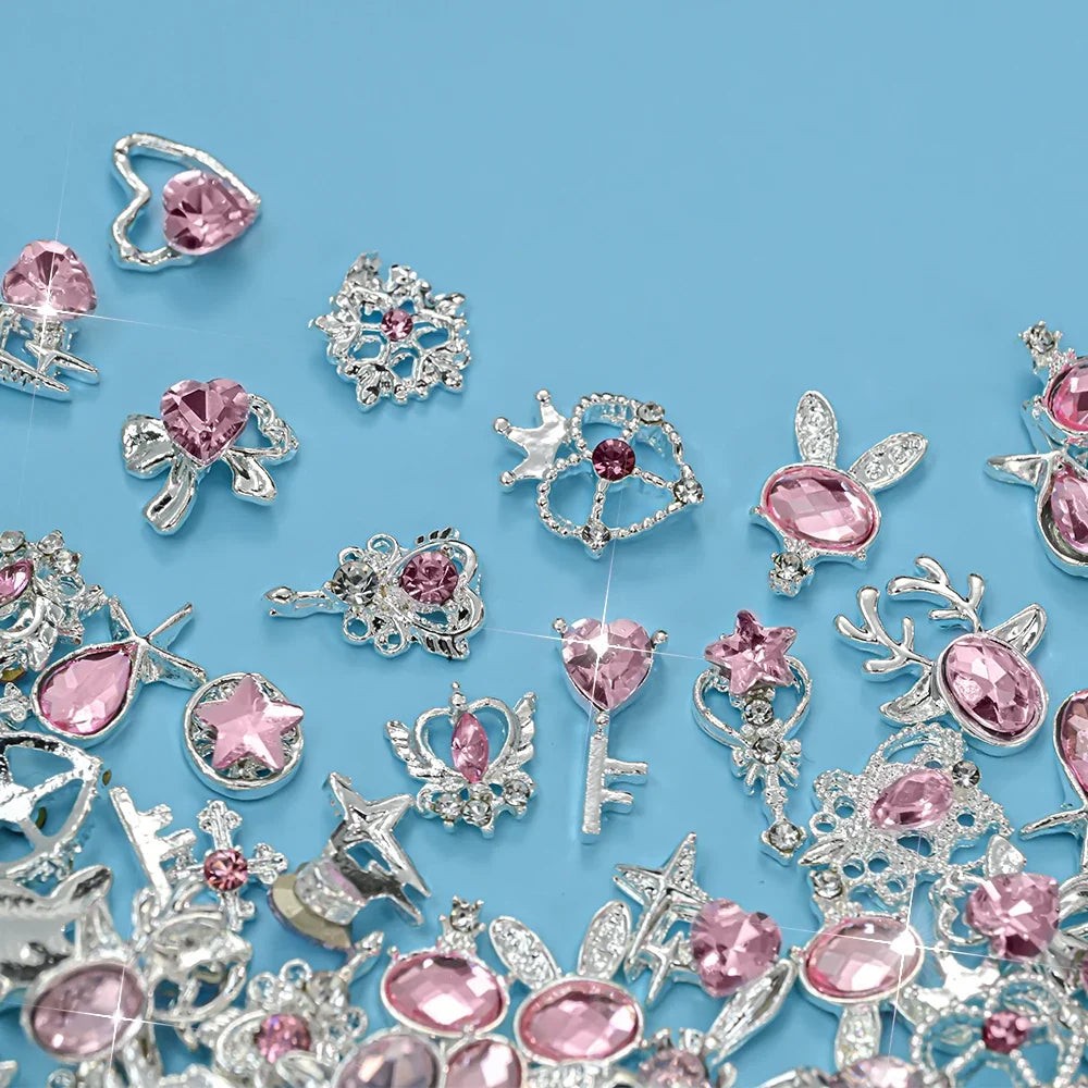 30pcs Mixed Set Golden Alloy Rabbit Nail Decoration Five-Pointed Star Heart Pink Diamond Nail Charms Metal Bow Nail Rhinestones