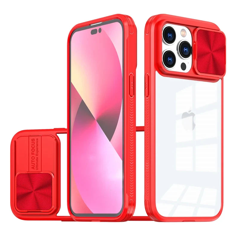Slide Camera Lens Protection Case For iPhone 15 14 11 12 13 Pro XS Max XR 7 8 Plus SE Soft Bumper Shockproof Clear Hard PC Cover