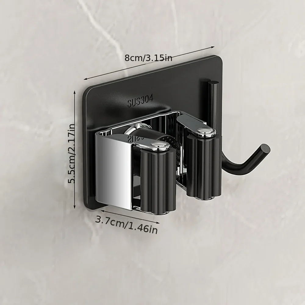 Self-Adhesive No-Drill Mop And Broom HolderStainless Steel Hooks for Kitchen Toilet Bathroom Organization Storage Solution