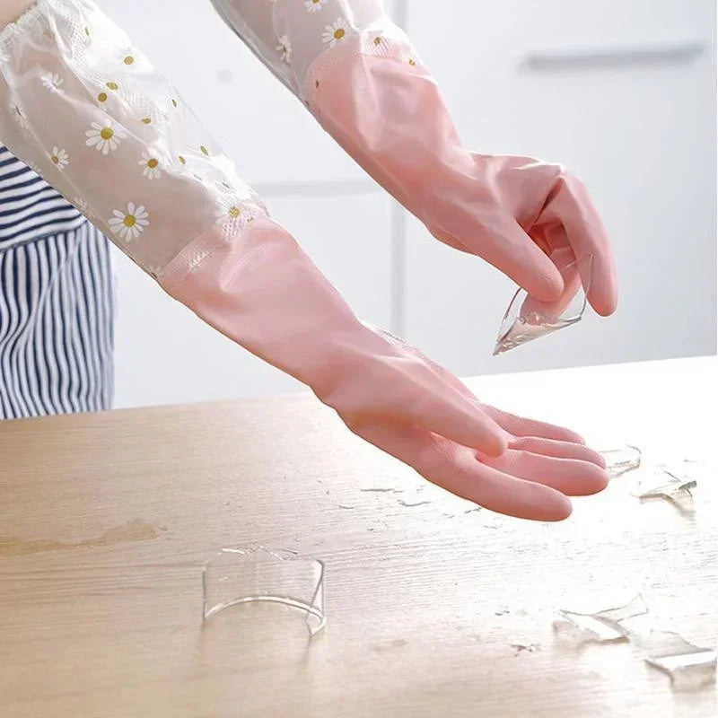 1 Pair Rubber Gloves Long Sleeve Reusable Dishwashing Gloves Kitchen Oven Pet Cleaning Gloves Kitchen Accessories
