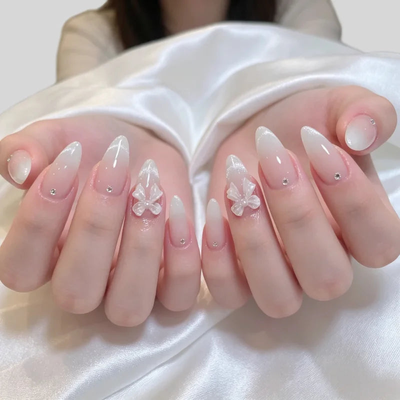 24pcs Fake Nails Crystal-Clear Smile Cat-Eye Rhinestone and Bow Designs High-Quality Press-On Nails Perfect as Gifts for Girls