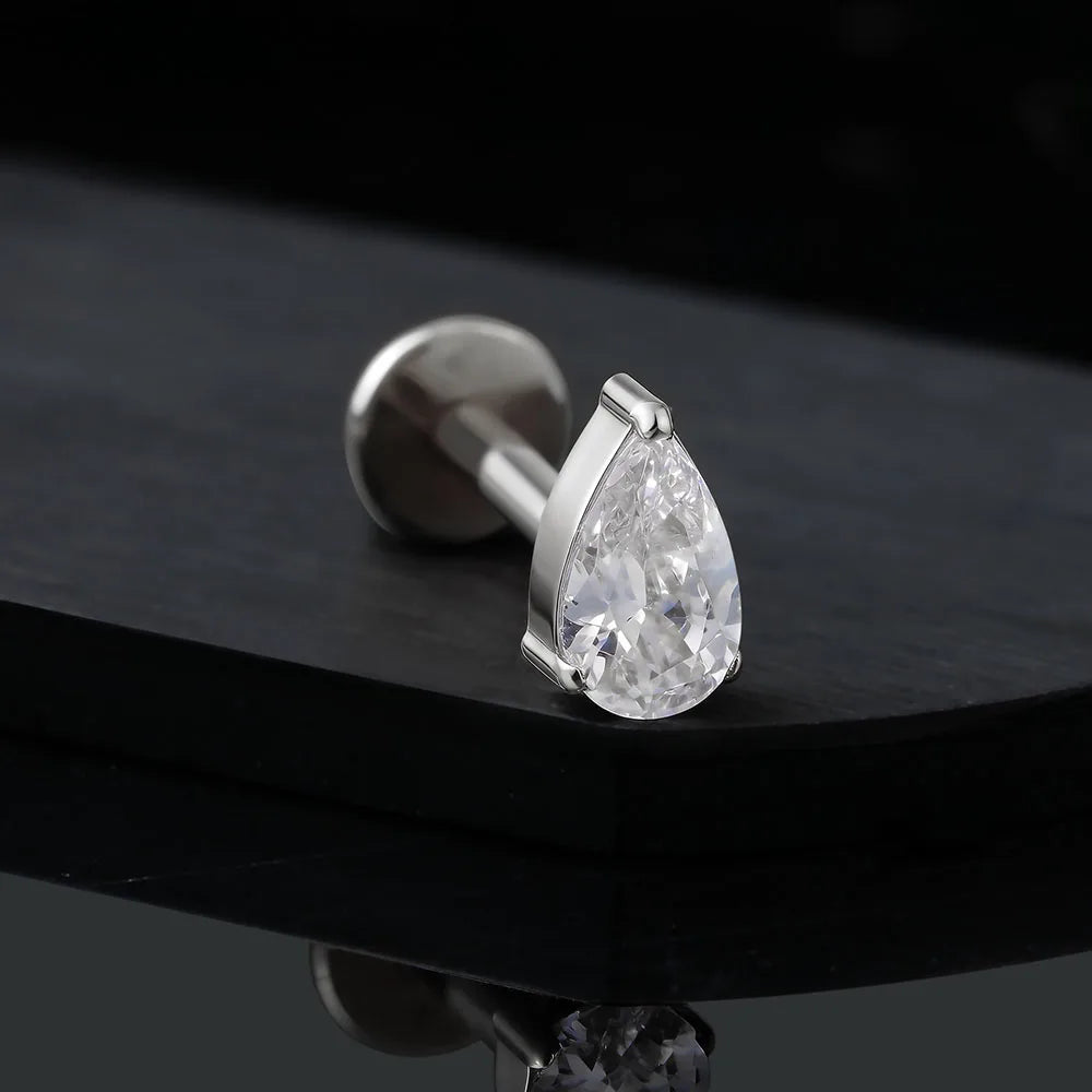 Right Grand ASTM F136 Titanium Teardrop CZ Cartilage Earring 16G Dainty Pear Forward Helix Stud Flatback Labret Piercing Jewelry