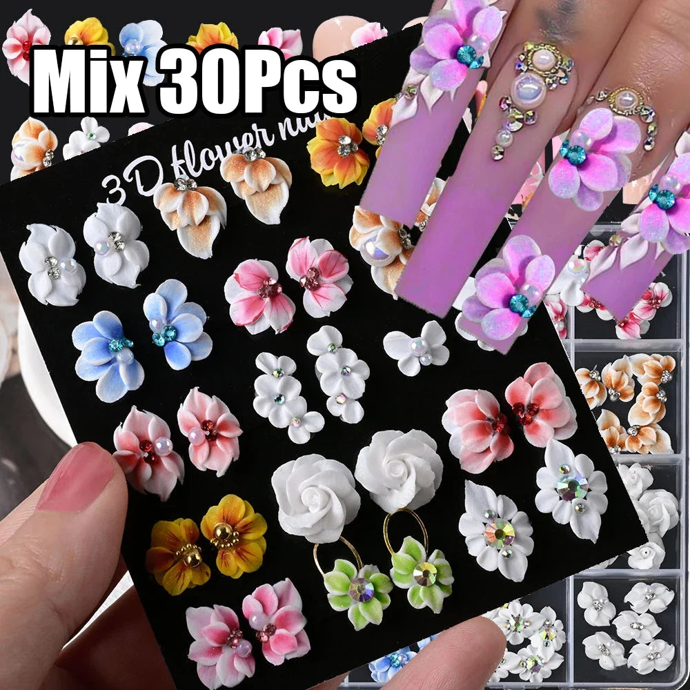 5/30Pcs Mixed 3D Handmade Acrylic  Flowers Nail Charms With Glitter Mini Pearl/Diamond Carving Flower DIY Nail Sculpture Flowers