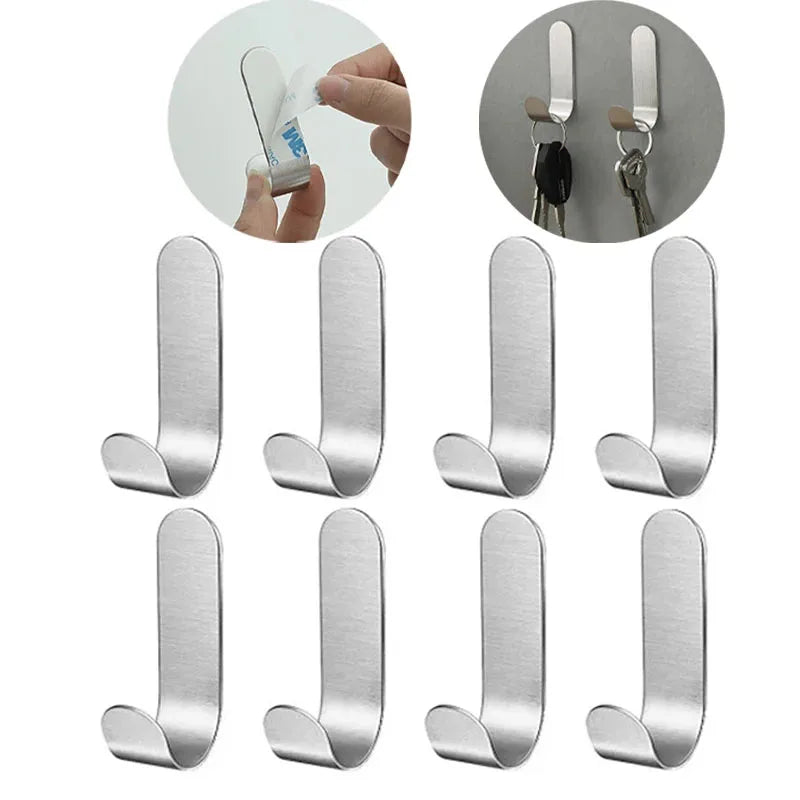 4/6/8PCS Strong Stainless Steel Self-Adhesive Wall Hooks Waterproof Sticky Hooks Bathroom Hang Towel Keys Coat Bags Kitchen Hook