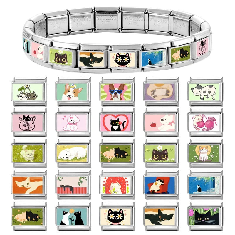 Wholesale 2025 Fashion Cute Black Cat Series Dog Pet Animals Italian Charm Fit 9mm Stainless Steel Women DIY Bracelet Jewelrys