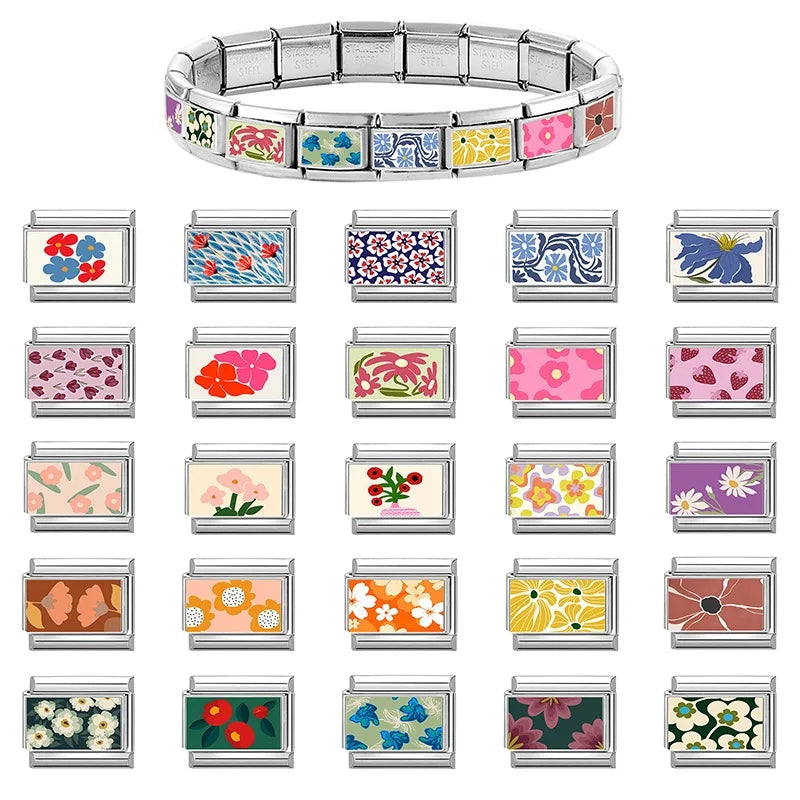 Fashion Colored Color Charms Flowers Lycoris Radiata Italian Link Fit 9mm Stainless Steel Bracelet Jewelry Making DIY Gift