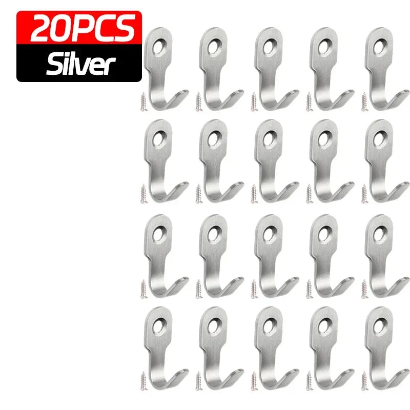 1/20pcs Mini Stainless Steel J-shaped Hook with Screw Items Key Rack Wall Punching Hook Kitchen Accessories Bathroom Hardware