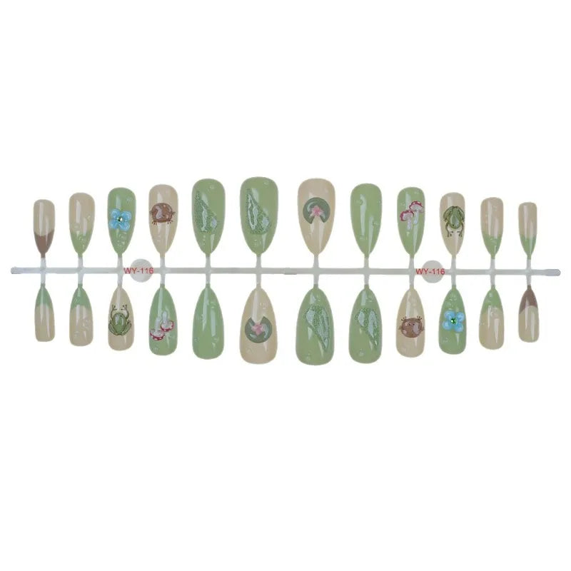 24PCS Summer Green Lotus Almond Press on Nails Cute Frog French Fake Nails for Women Fresh Flowers Wearable Manicure with Glue