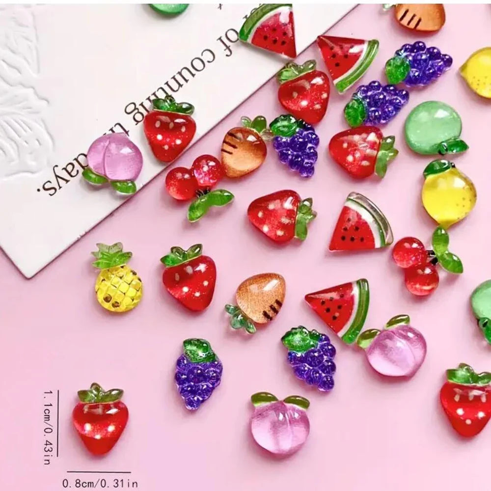 50Pcs Mix Resin Summer Fruit Nail Art Charms Cute 3D Cherry Strawberry Watermelon Peach Decoration DIY Crafts Nails Accessories