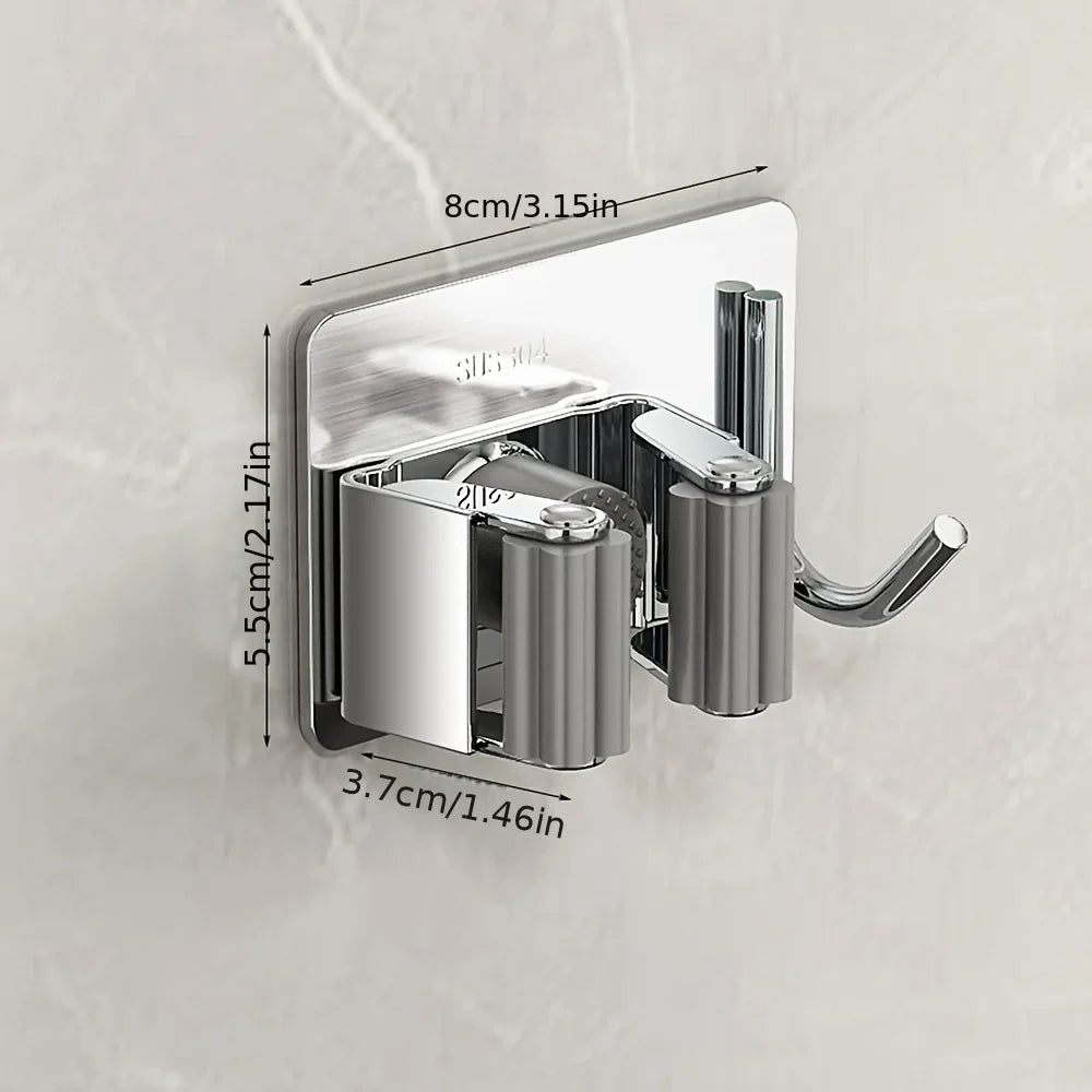 Self-Adhesive No-Drill Mop And Broom HolderStainless Steel Hooks for Kitchen Toilet Bathroom Organization Storage Solution