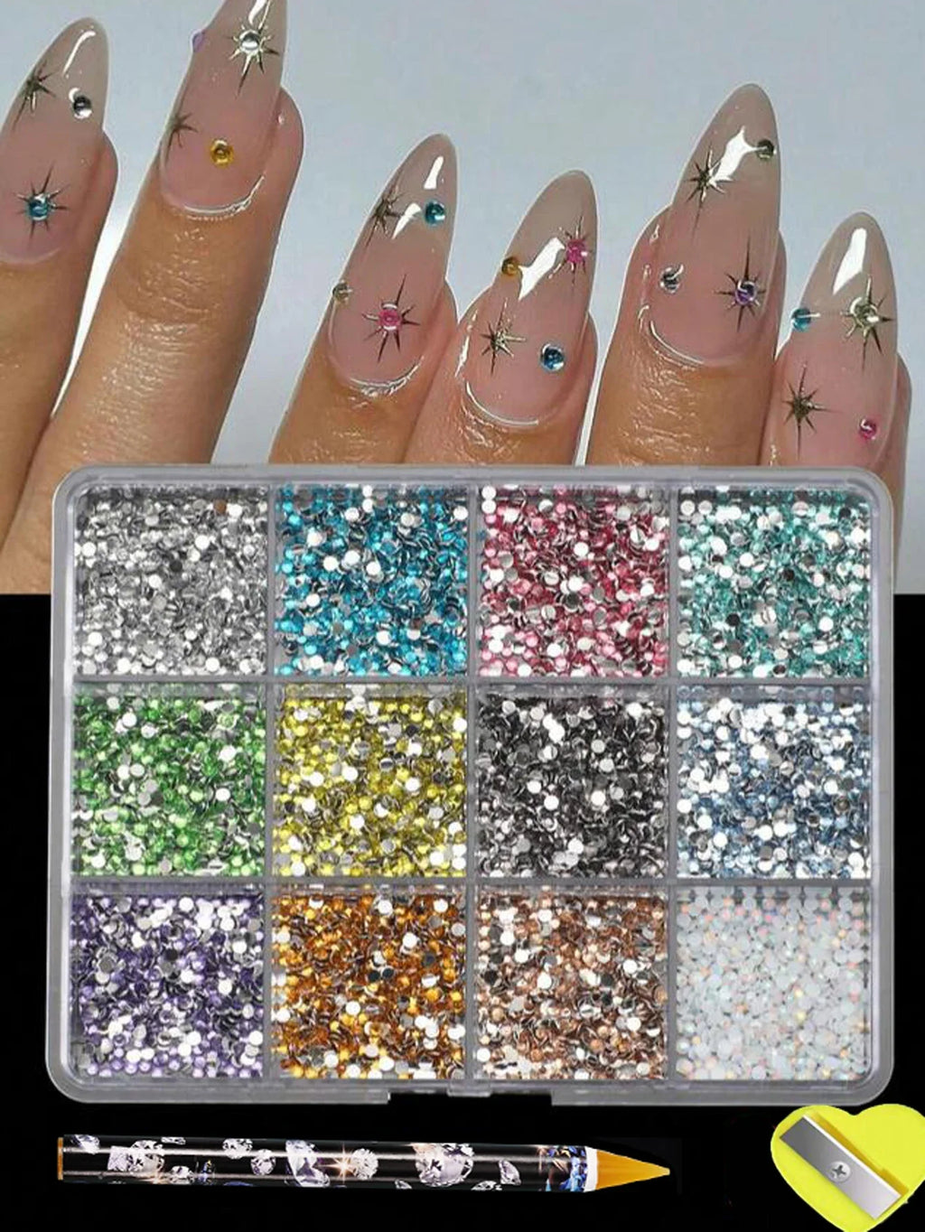 12Grids 6000pcs 3D Resin Nail Art Rhinestones with Tools 2mm Brilliant Diamond Nail Charms for DIY Clothes Phone Case