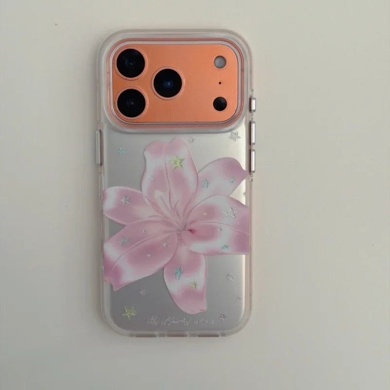 Pink Lily Flower Pattern IMD Silver Mobile Phone Case with Chain for iPhone 18, 17,  6, 15, 14, 13, Pro, Promax, Shockproof