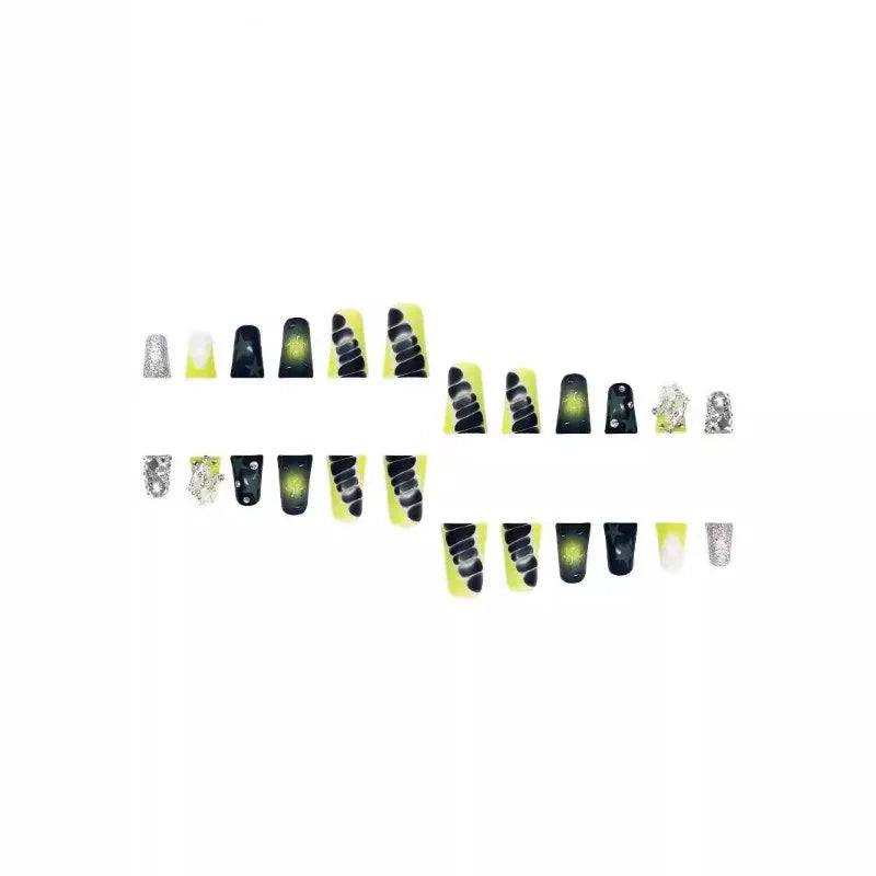 24PCS Sweet Cool Duckbill Press on False Nails Green Gradient French Fake Nails for Women 3D Star Diamonds Duck Flare Detachable