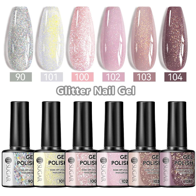 UR SUGAR 7ml Champagne Gold Sequins Gel Nail Polish Bright Sparkling Glitter French Semi Permanent Nail Painting UV Gel