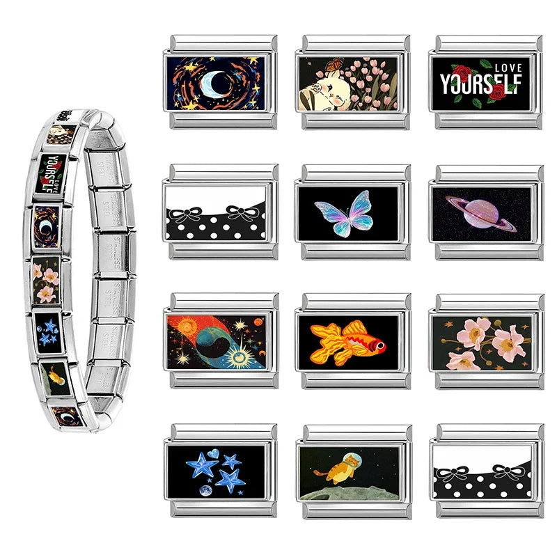 Creative Black Series Moon Star Butterfly Cat Rabbit Planet Y2K Italian Charm Links Fit 9MM Stainless Steel Bracelet DIY Making