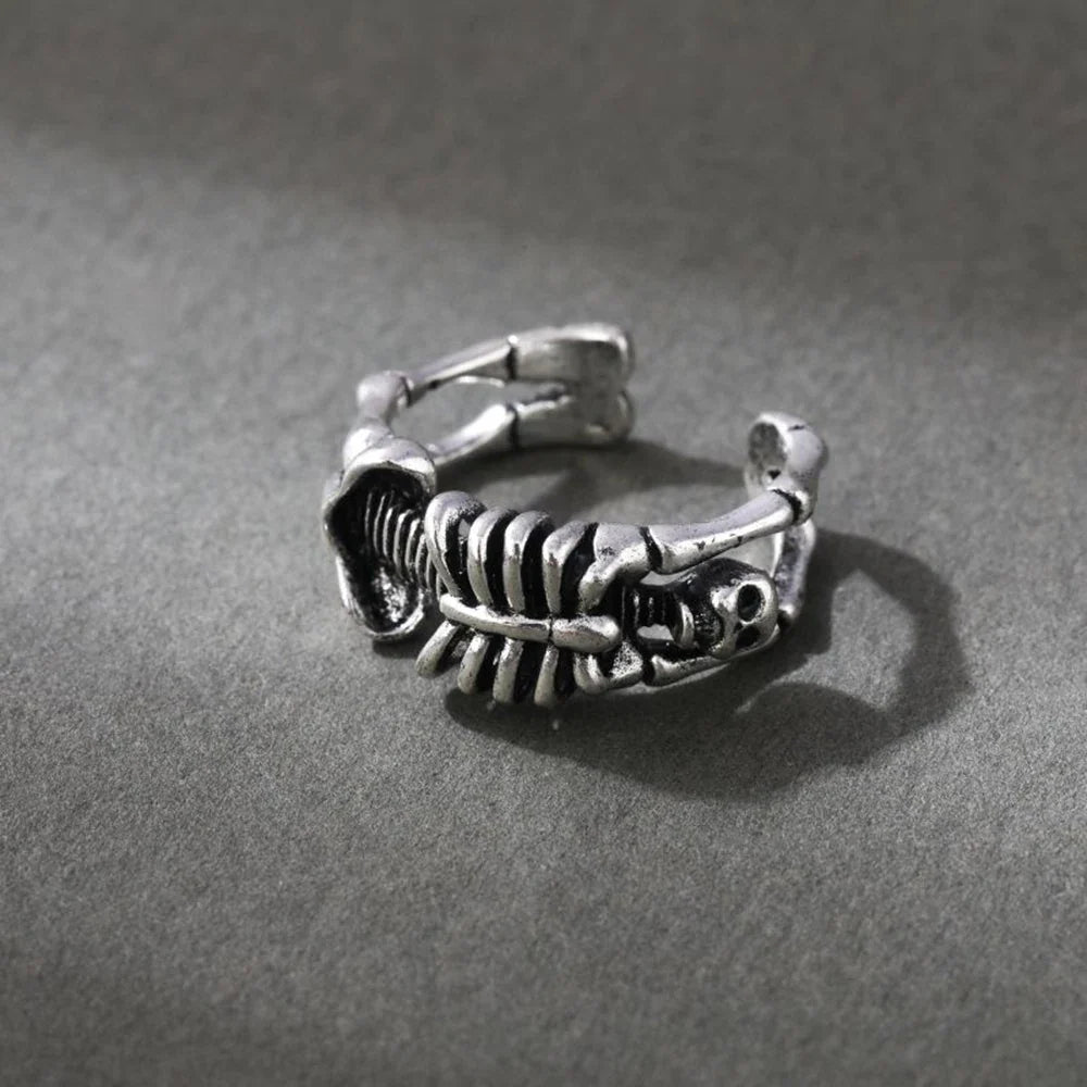New Vintage Thai Silver Gothic Undead Skull Skeleton Cuff Finger Rings For Men Women Punk Fashion Jewelry Gift Party Y2K