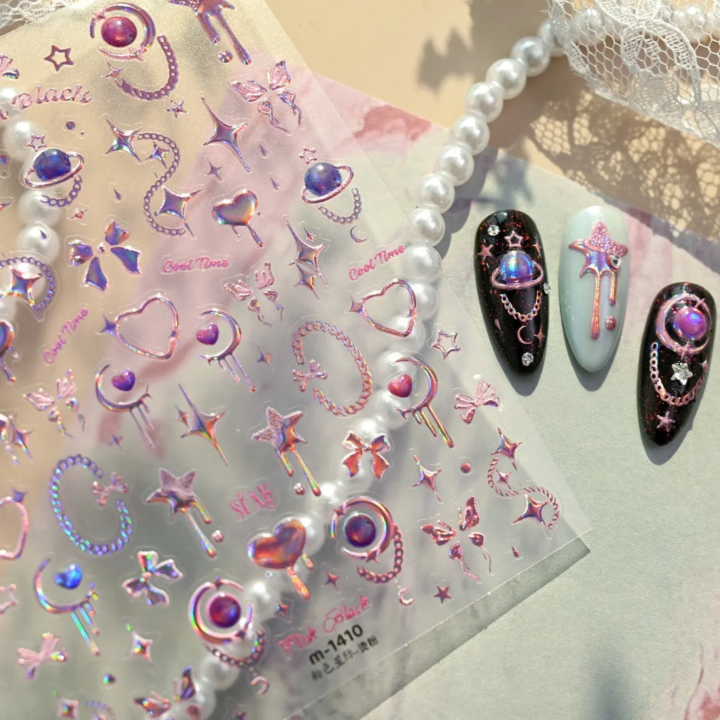 Y2K Trend 5D Nail Art Stickers Holographic Star Moon Heart Planet Chain Embossed Self Adhesive Nail Decals Decor for Women Girls