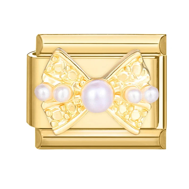 Fashion Dreamy Luxury Gold Color Series Red Heart Bows Zircon  Italian Charms Fit 9mm Stainless Steel Women Bracelet DIY Jewelry