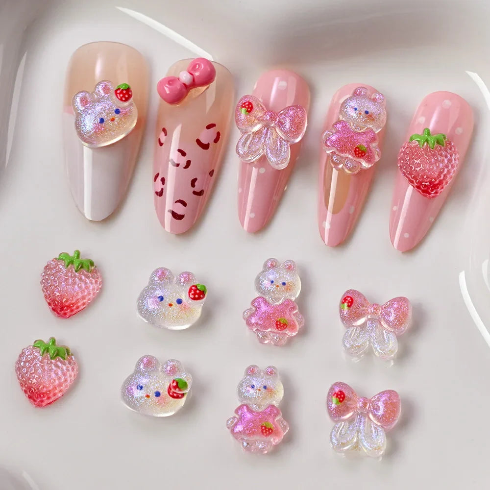 50pcs 3D Mixed Rabbit Strawberry Nail Parts Shinny Blush Bunny Bowknot Kawaii Nail Art Charms Lovely Girls Manicure Accessories