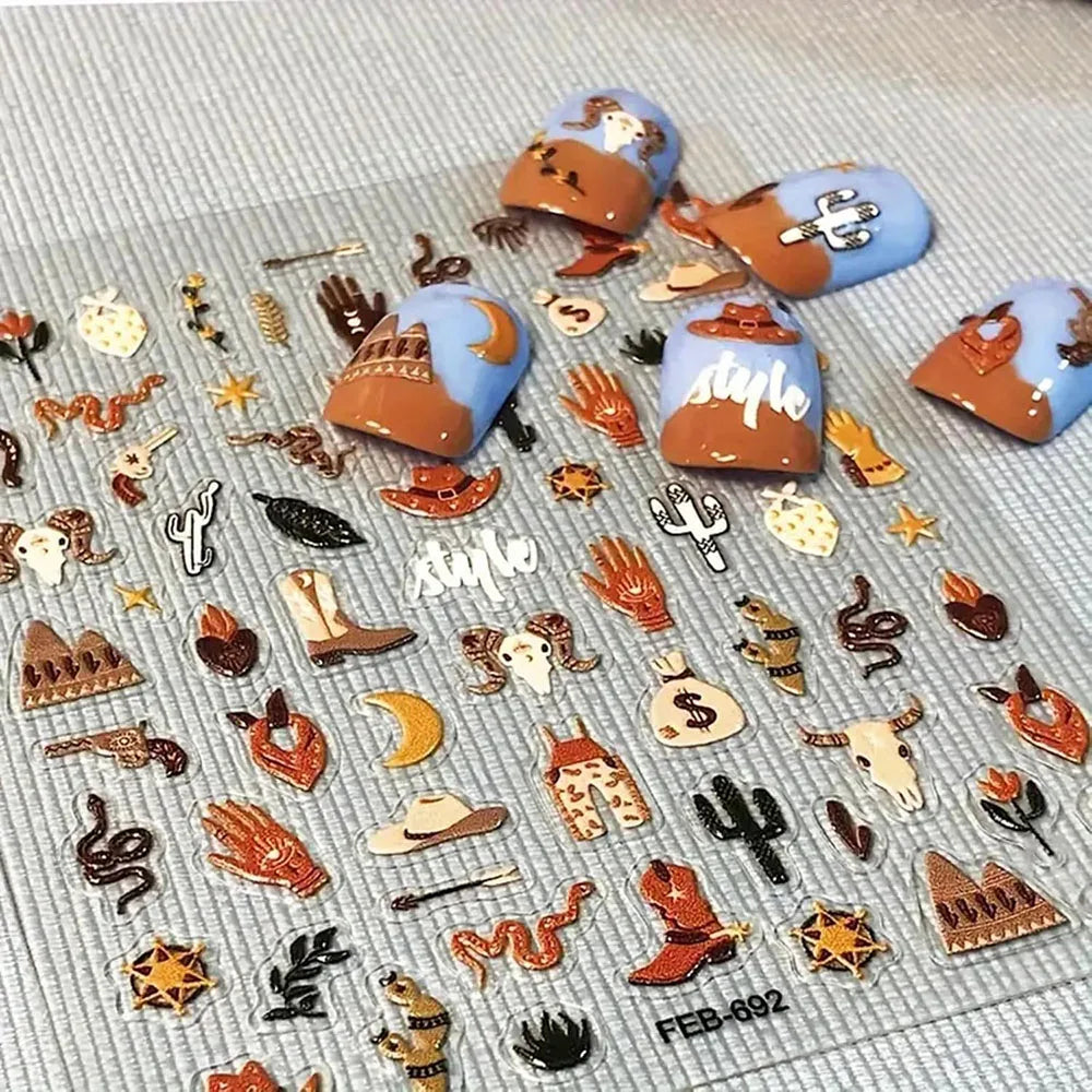 Morocco Style Exotic Nail Decals 5D Adhesive Nail Supplies Snake Cowboy Clothing Cow Nail Sticker Decals Women Manicure Slider