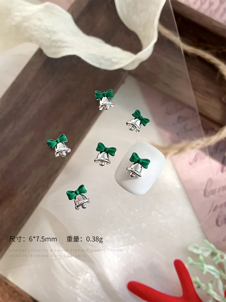 10pc 3D Christmas Bell Nail Art Charms Accessory Bow Gold and Silver Alloy Exquisite Bell Luxury Nails Decorations Supplies DIY