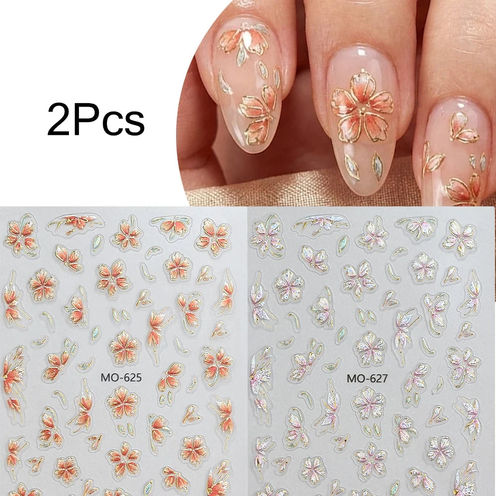 2pcs Dried Flowers Spring Summer 3D Nail Art Stickers Colorful Flowers Leaves Nail Decals DIY Manicure Nail Supplies Decorations