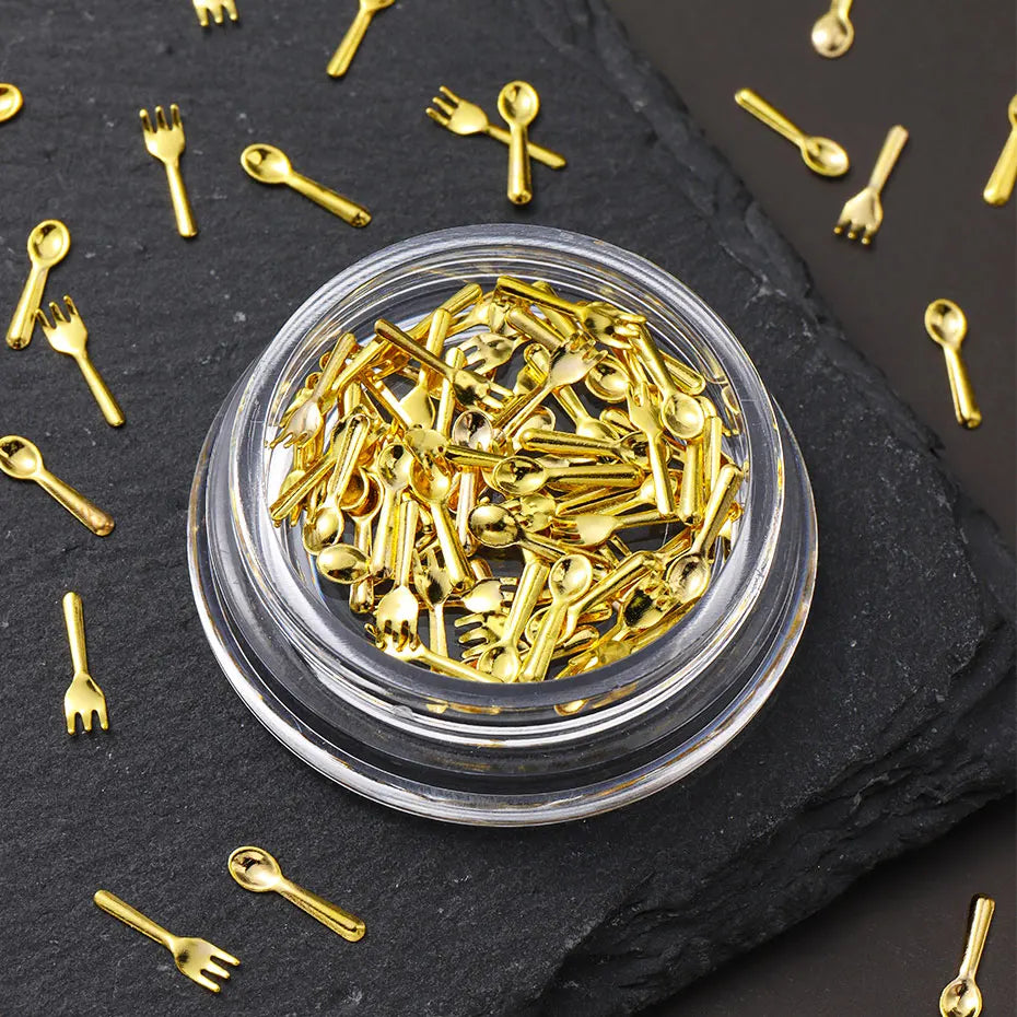 1/2 Boxes Gold Fork & Spoon Nail Decor Funny Mini Silver Tableware Nail Art Charms Korean Cute Alloy Nail Manicure Accessories