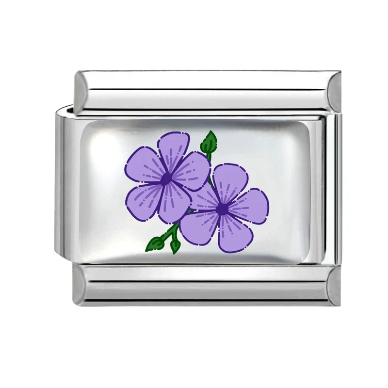 2026 Women's UV Style Purple 3D Flowers Books Candle Italian Charm Link Fit 9mm Stainless Steel Module Bracelet Making Jewelrys