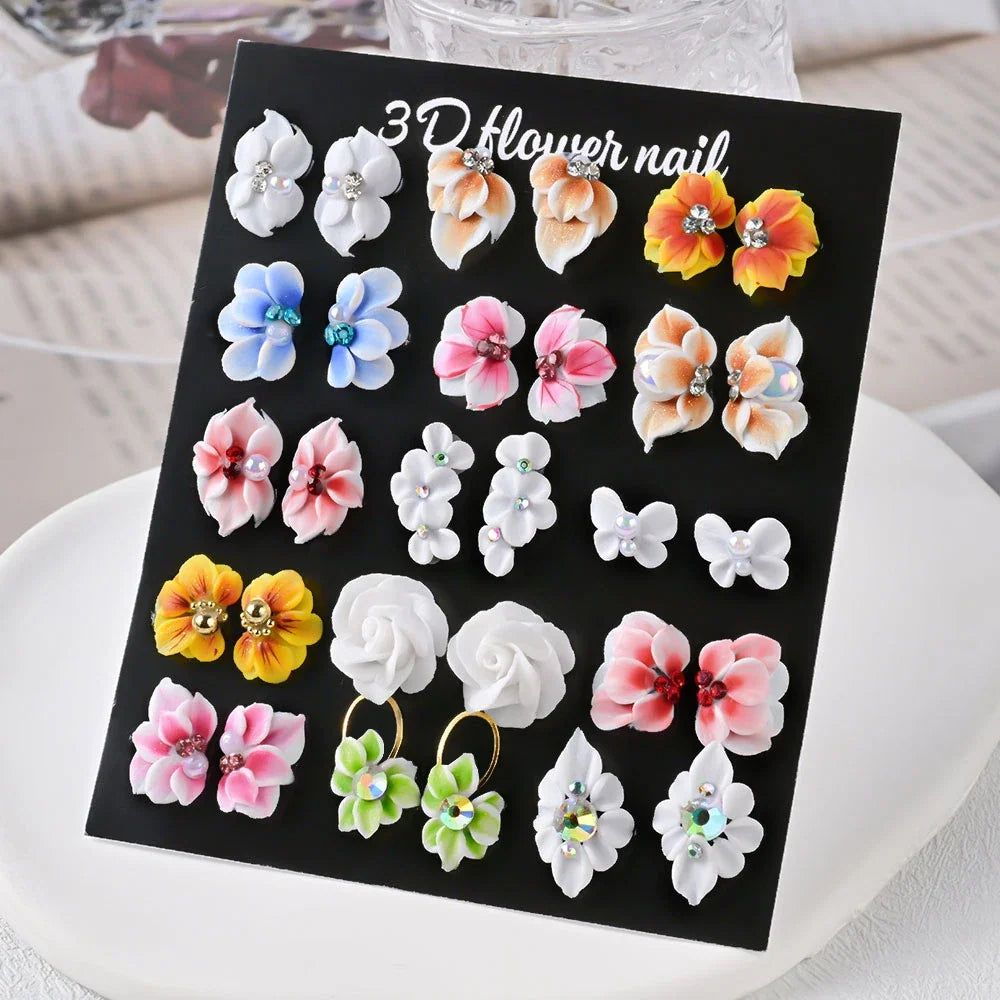 5/30Pcs Mixed 3D Handmade Acrylic  Flowers Nail Charms With Glitter Mini Pearl/Diamond Carving Flower DIY Nail Sculpture Flowers