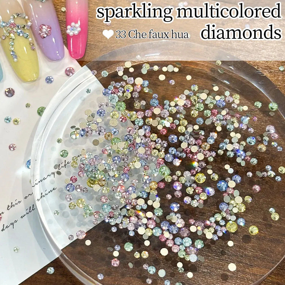 100/200pcs Round Colorful Nail Rhinestones, Sparkling 3D Flatback Crystal Gems, Nail Salon Decorations DIY Nail Art Supply