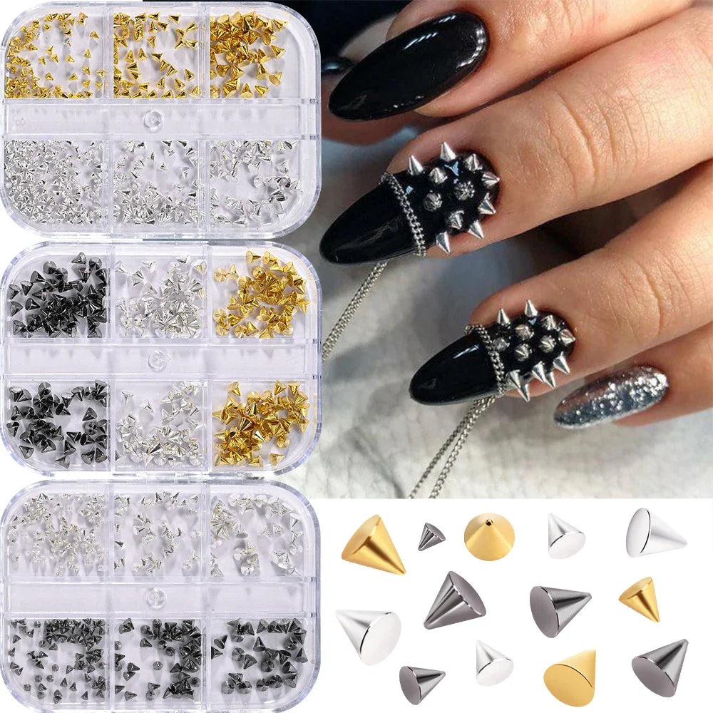 6Grids Halloween Punk Rivets Nail Art Charms Gold/Silver/Black Cone Spike Studs Nails Decorations DIY Cool Manicure Accessories