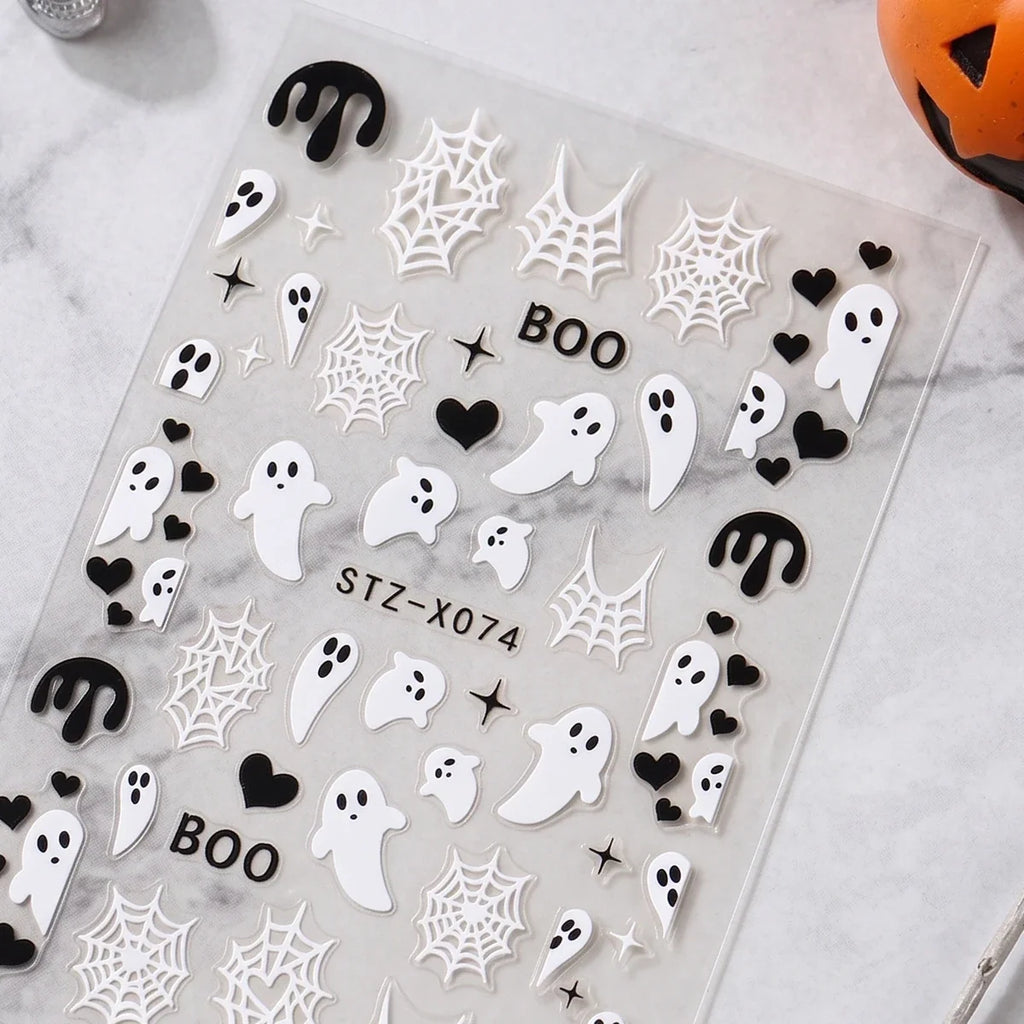 4pcs Black White Ghosts Halloween Nail Decals Cute Gothic Style Cartoon Ghosts Spider Webs Nail Decals DIY Manicure Decorations