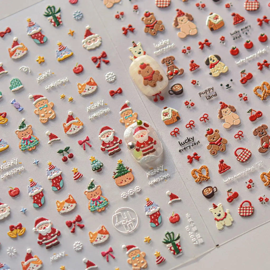 Embossed Nail Stickers Mini Christmas Tree Snowflake Cute Cartoon Bear Puppy Cat Back Glue Nail Accessories 3D Decrations Decals