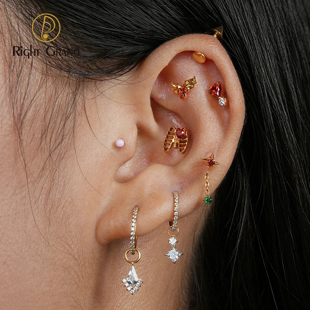 Right Grand ASTM F136 Titanium Heart CZ Rib Cage Cartilage Earring 16G Gothic Skeleton Helix Labret Stud Nose Piercing Jewelry