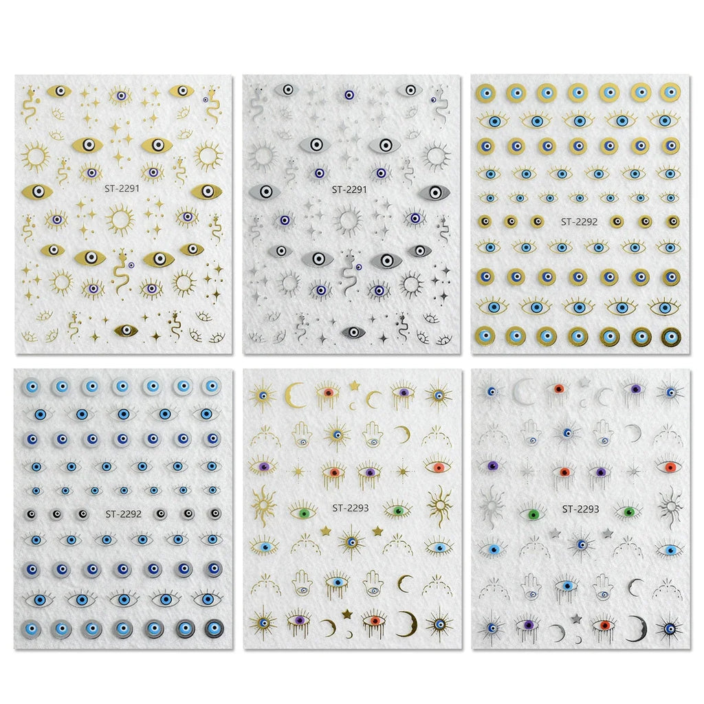 3/6/12 Sheets Gold Silver Evil Eye Nail Art Stickers Moon Star Sun Protection Nail Decals for Women DIY Boho Nail Design