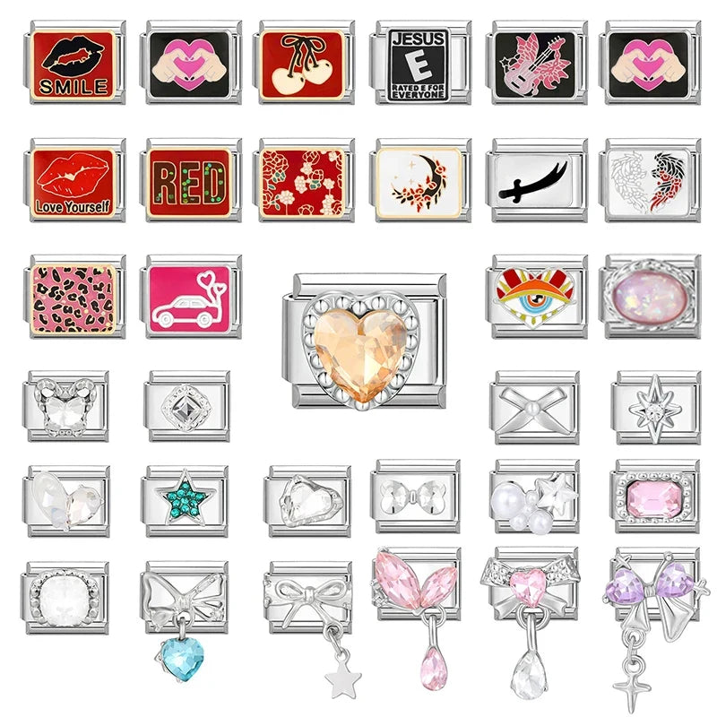 Y2K Romantic Heart Eyes Star Bow Knot Butterfly Zircon Charm Italian Links Fit 9mm Bracelet Stainless Steel Making DIY Jewelry