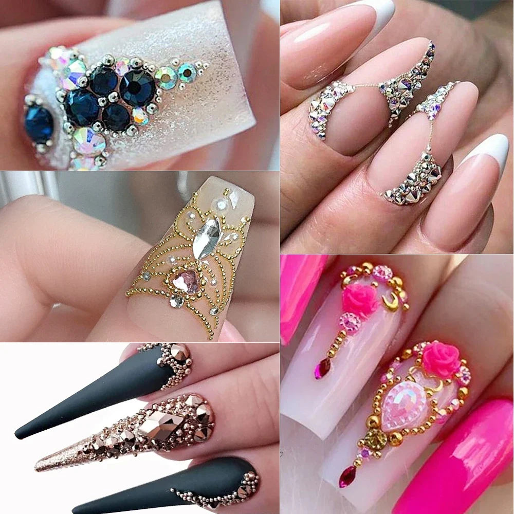 12Grids Gold/Silver Steel Beads Nail Art Charms Christmas Mixed-Size Caviar Bead With 1 Magnetic Pen Manicure Decor Rhinestones